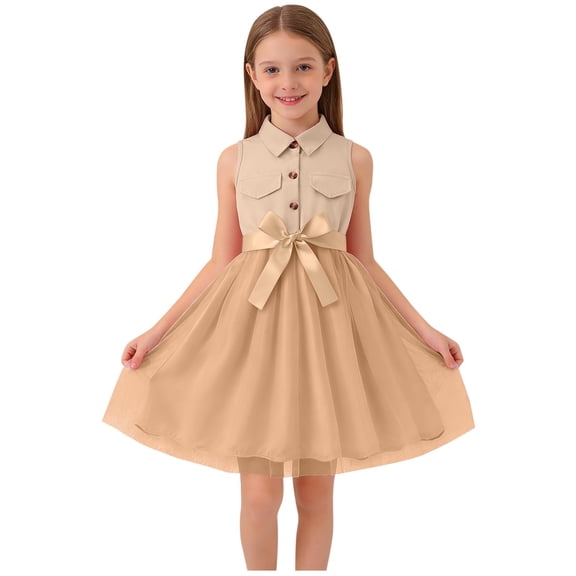 Auroural Toddler Girl Clothes 2T Children's Solid Color Lapel Mesh Button Sleeveless Bow Dress Casual And Comfortable Dress For Adults 2-3 Years