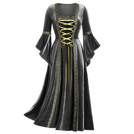 Mrat Womens Renaissance Medieval Dress Golden Velvet Dress with Corset Lace up Halloween Vintage Irish Costume Gown Princess Dress S-22 Gray M