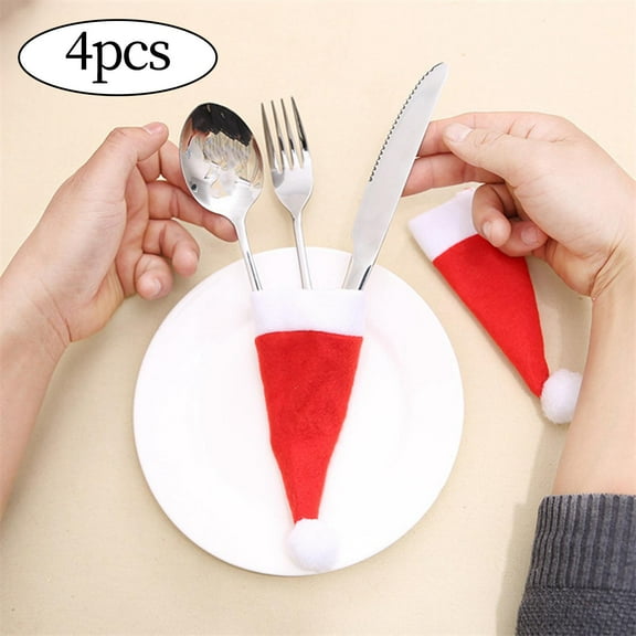 4 Pieces Exquisite Cup Bottles Cover Xmas Silverware Holders Decor Cutlery Bags Mini Santa Hat for Kitchen Christmas Party Supplies
