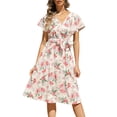 thumbnail image 3 of VISgogo Vestido casual de verano para mujer, estampado floral, cuello en V, manga corta, cinturón, una pieza para damas, blanco/rosa/azul claro/negro VISgogo  moda, 3 of 9