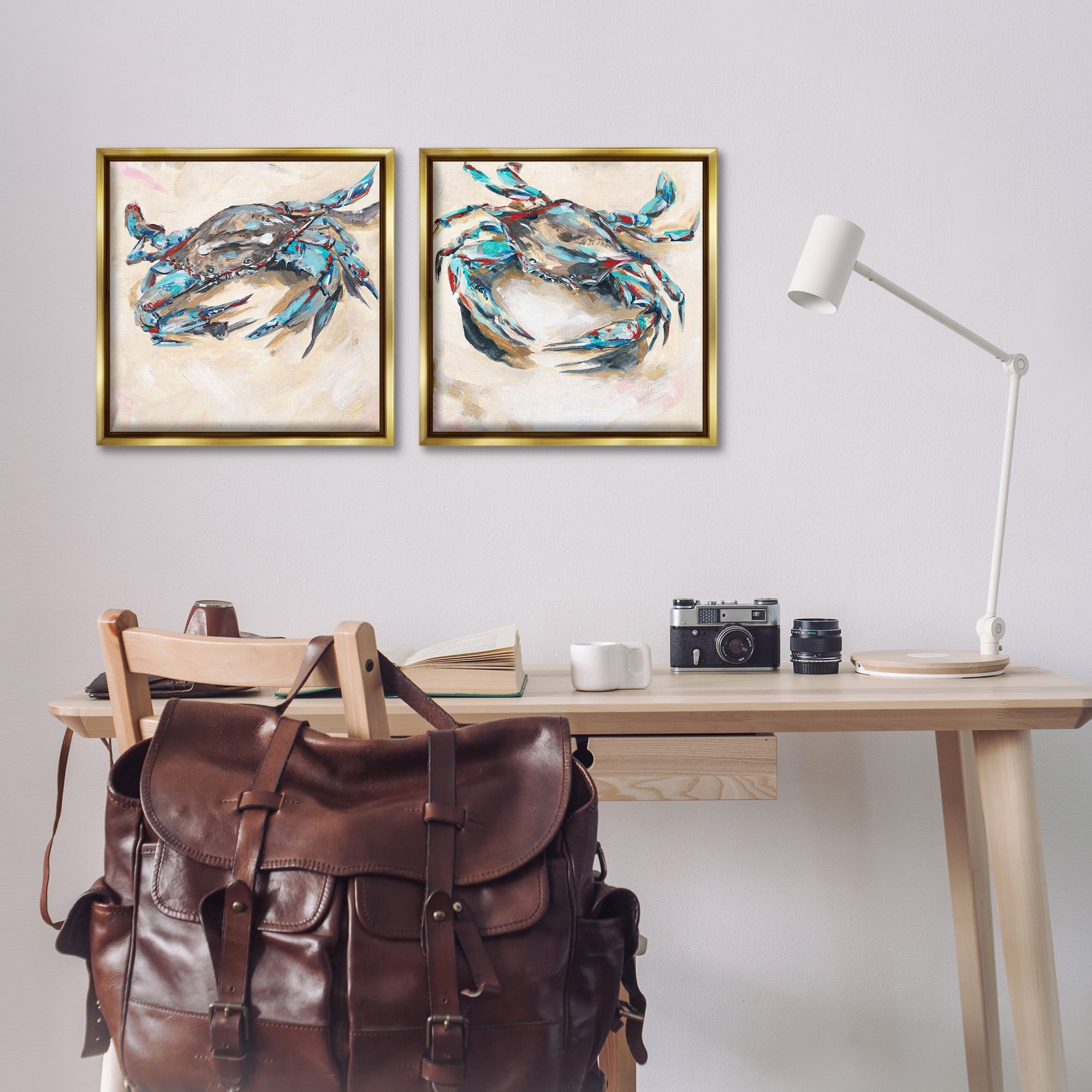 Stupell Industries Blue Crabs on Sand Animals & Insects Painting Gold Floater Framed Canvas Art Print Wall Art, 18 x 18, Set of 2