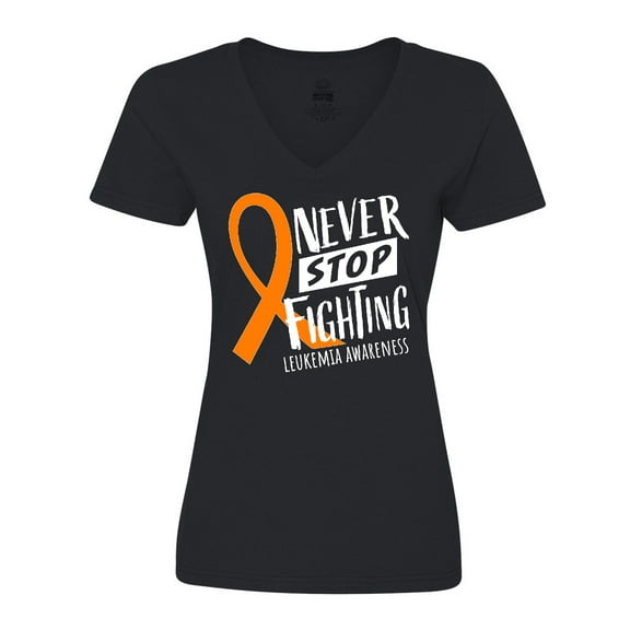 Inktastic Never Stop Fighting Leukemia Awareness Orange Ribbon Women's V-Neck T-Shirt