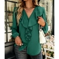 thumbnail image 3 of Blusa de manga larga con cuello en V, diseño de empalme de encaje con volantes, ajuste holgado, Color puro, Top informal para mujer para todas las estaciones, 3 of 8