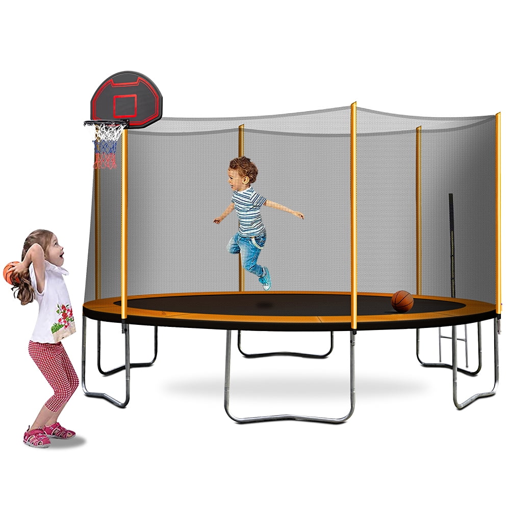 14FT Kids Trampoline with Basketball Hoop, Outdoor Trampoline with Safety Enclosure Net, Circular Trampolines for Kids, Family Jumping and Ladder, Kids Basketball Trampoline for Backyard, Q18325