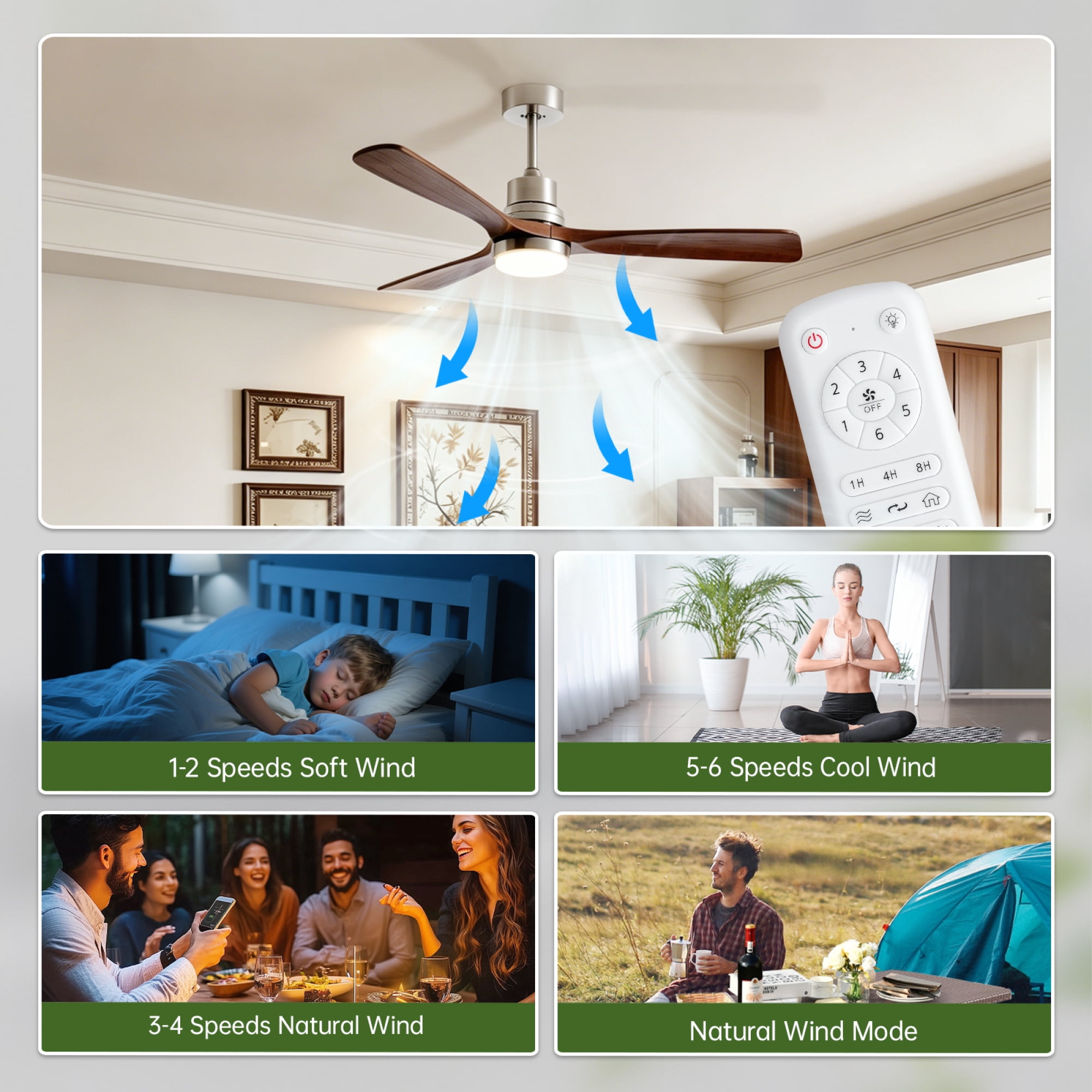 Leumius 52" Wooden Ceiling Fans with Lighted Remote Control, Indoor Outdoor Wooden Ceiling Fan, Outdoor Modern Ceiling Fan with 3 Fan Blades for Patio, Living Room Dining Room Brushed Nickel