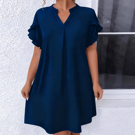 Women's Plus Size Ruffle Sleeve Dress, V Neck Loose Comfortable Maxi Dress, Flattering Casual Dress for All-Day Wear, Navy - XL