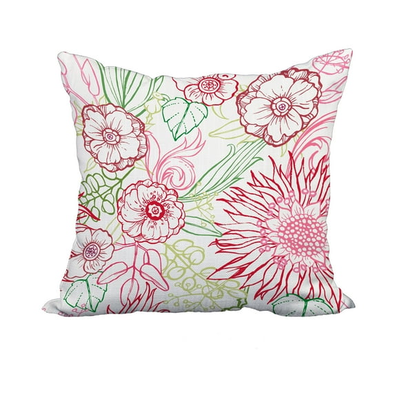 20 x 20 Inch Zentangle 4 Color Red Floral Print Decorative Polyester Throw Pillow with Linen Texture
