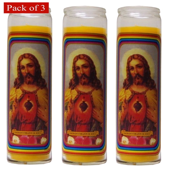 Religious Candle Yellow with Picture of Jesus, Devotional & Meditation Glass Candle (Pack of 3 Candles)