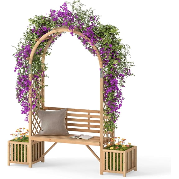 LINJH Garden Arbor with Bench & 2 Planter, Wooden Garden Arch for Climbing Plants w/Love Seat, 2 Trellises & Planting Box to Grow Grapes & Vines, 2-Person Outdoor Wood Seating for Patio, Backyard