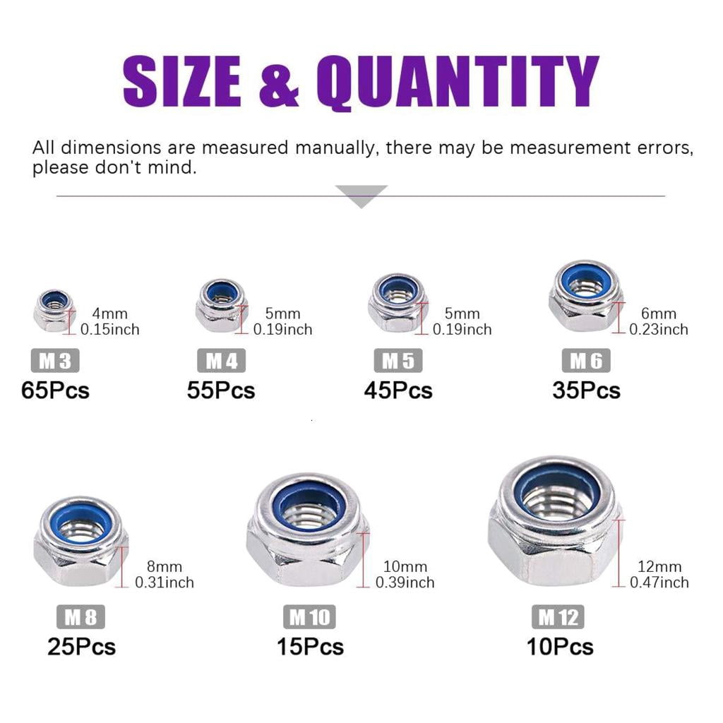250Pcs Stainless Steel Nut Locknuts Assortment Kits 3/4/5/6/8/10/12mm Nylon Nut Hardware Easy to Use