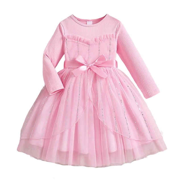 Vestido de Manga Larga para Niñas con Nudo de Arco Y Cinturón, de Moda de Color Sólido de Malla de Manga Larga para Niños 3-10 Años