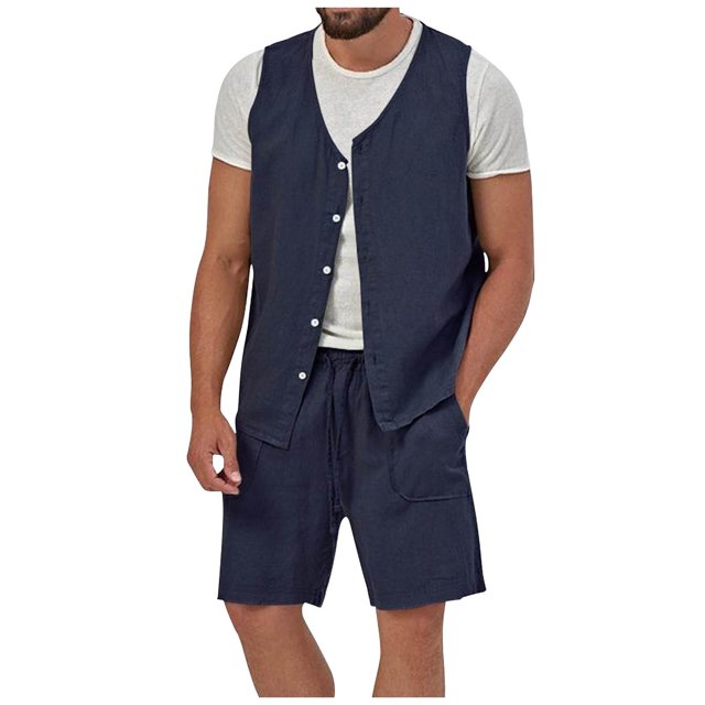 BADHUB Men’s Summer 2-Piece Beach Cotton Linen Set Solid Color Short Sleeve Button Down T Shirts & Drawstring Short Pants With Pocket Lightweight Sets