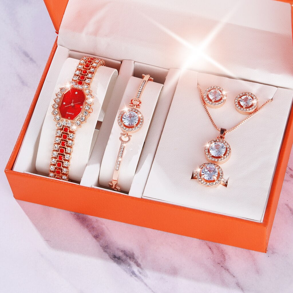 6PCS Set Luxury Watch Women Ring Necklace Earrings