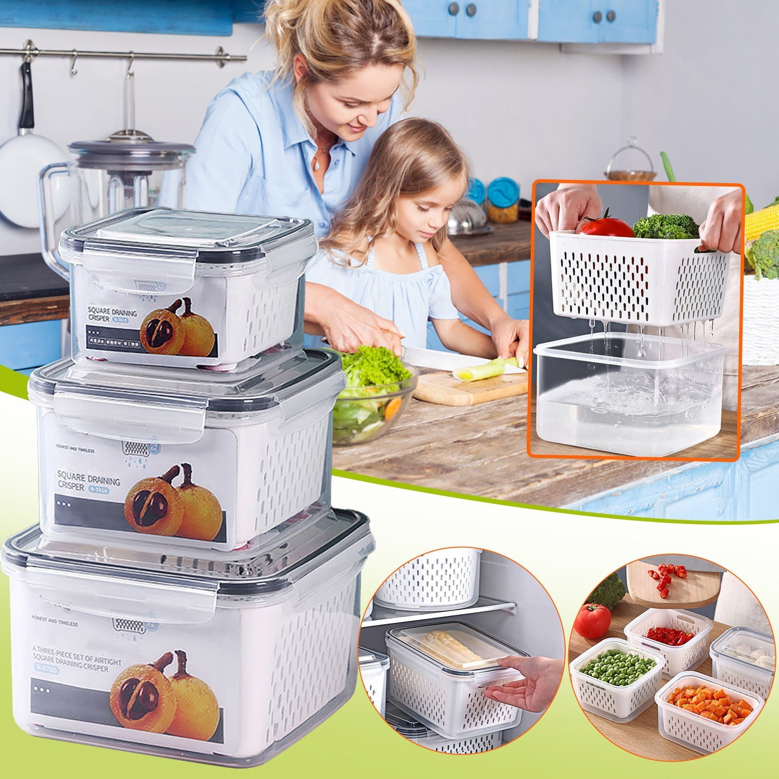 WNG Fruit Vegetable Storage Containers for Fridge Draining Fresh Containers 3 in 1 Produce