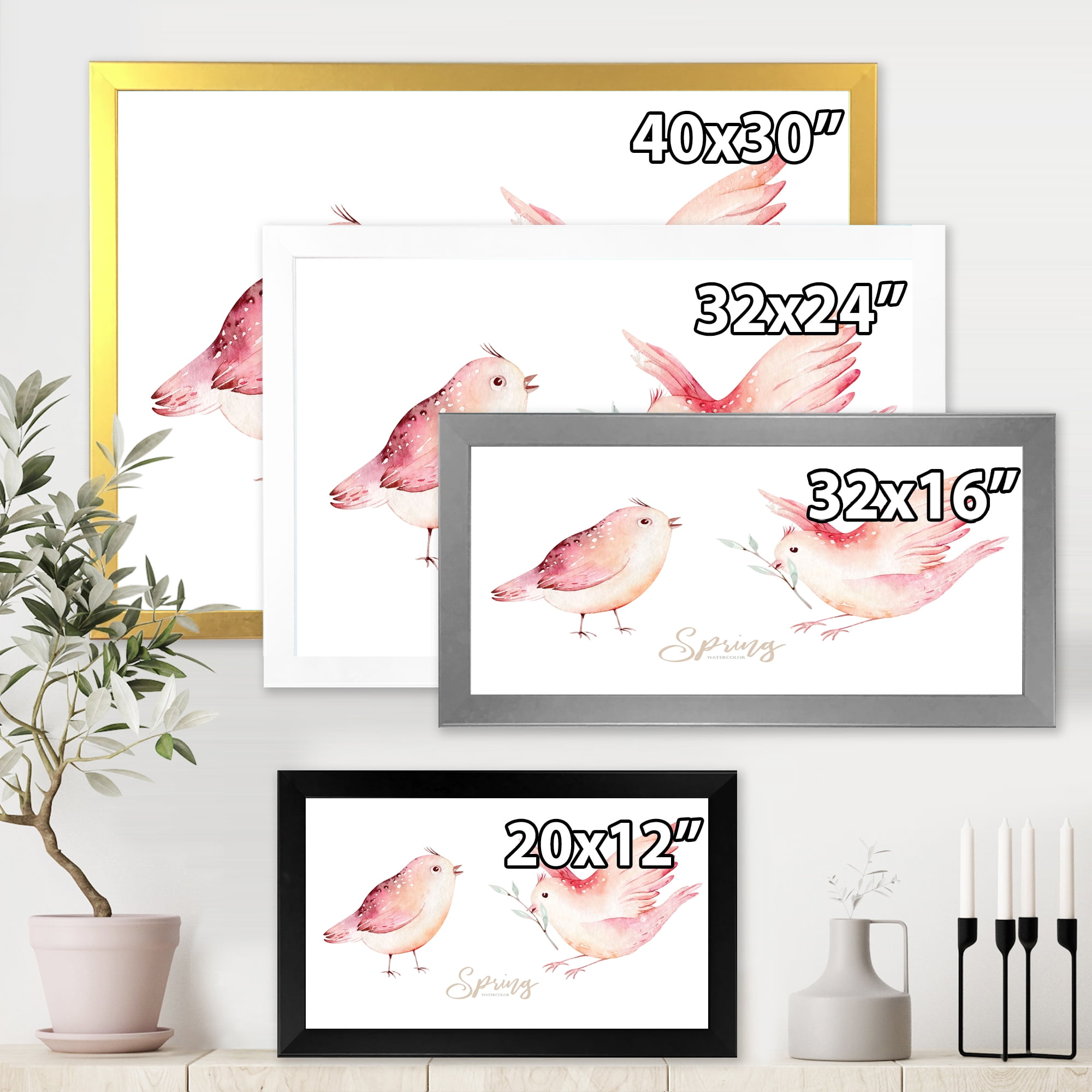 Spring Bird With Green Leaves On White 40 in x 30 in Framed Painting Canvas Art Print, by Designart