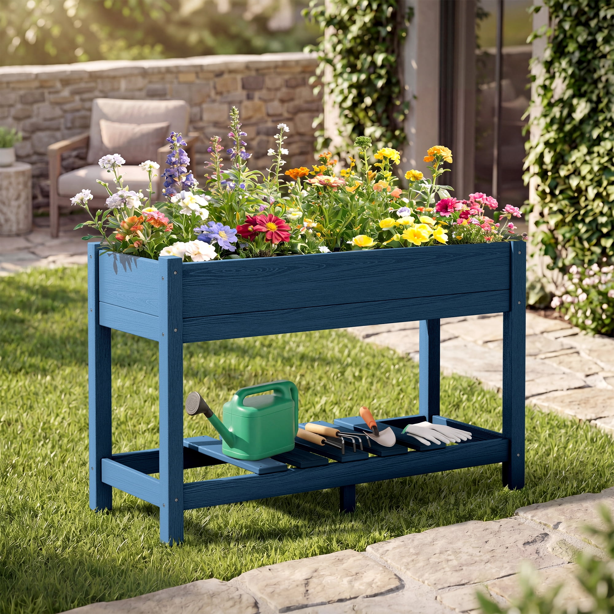 SERWALL HDPE Raised Garden Bed with Legs, 43"x16"x30" Elevated Planter Box, Outdoor Planter for Vegetables Flowers, Blue