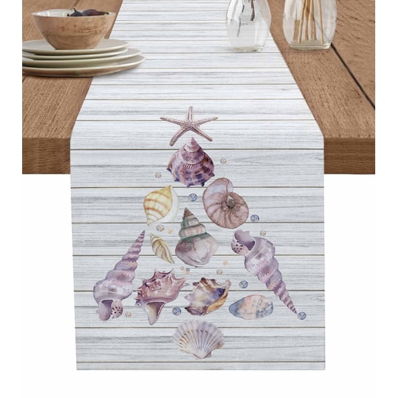 Coastal Christmas Burlap-Cotton Table Runner 70 Inches Long,Xmas Tree Shell Starfish Vintage Farmhouse Table Runners,Outdoor Dining Tablecloths Decor for Baby Shower Party Wedding 13x70