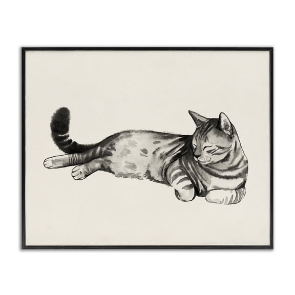 Stupell Industries Farmhouse Sleeping Striped Cat Relaxed Pet Black Framed Giclee Art, 14 x 11, by Grace Popp