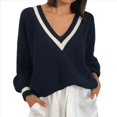thumbnail image 3 of Suéteres de Cuello en V para Mujer, Jerseys de Punto Ligeros de Larga, Tops Azul Real Oscuro XL, 3 of 7