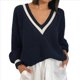 thumbnail image 3 of Suéteres de Cuello en V para Mujer, Jerseys de Punto Ligeros de Larga, Tops Azul Real Oscuro XXL, 3 of 7