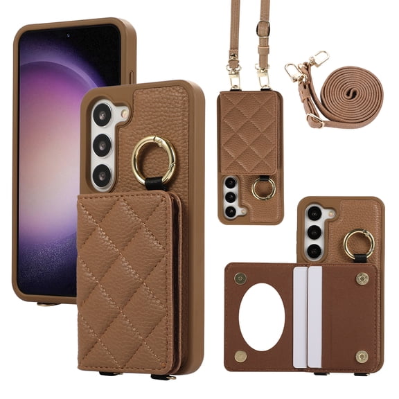 Crossbody Wallet Case for Samsung Galaxy S22 with Make-up Mirror, PU Leather Lanyard Purse Magnetic Clasp Card Holder, Flip Kickstand Shockproof Phone Cover for Samsung Galaxy S22, Brown
