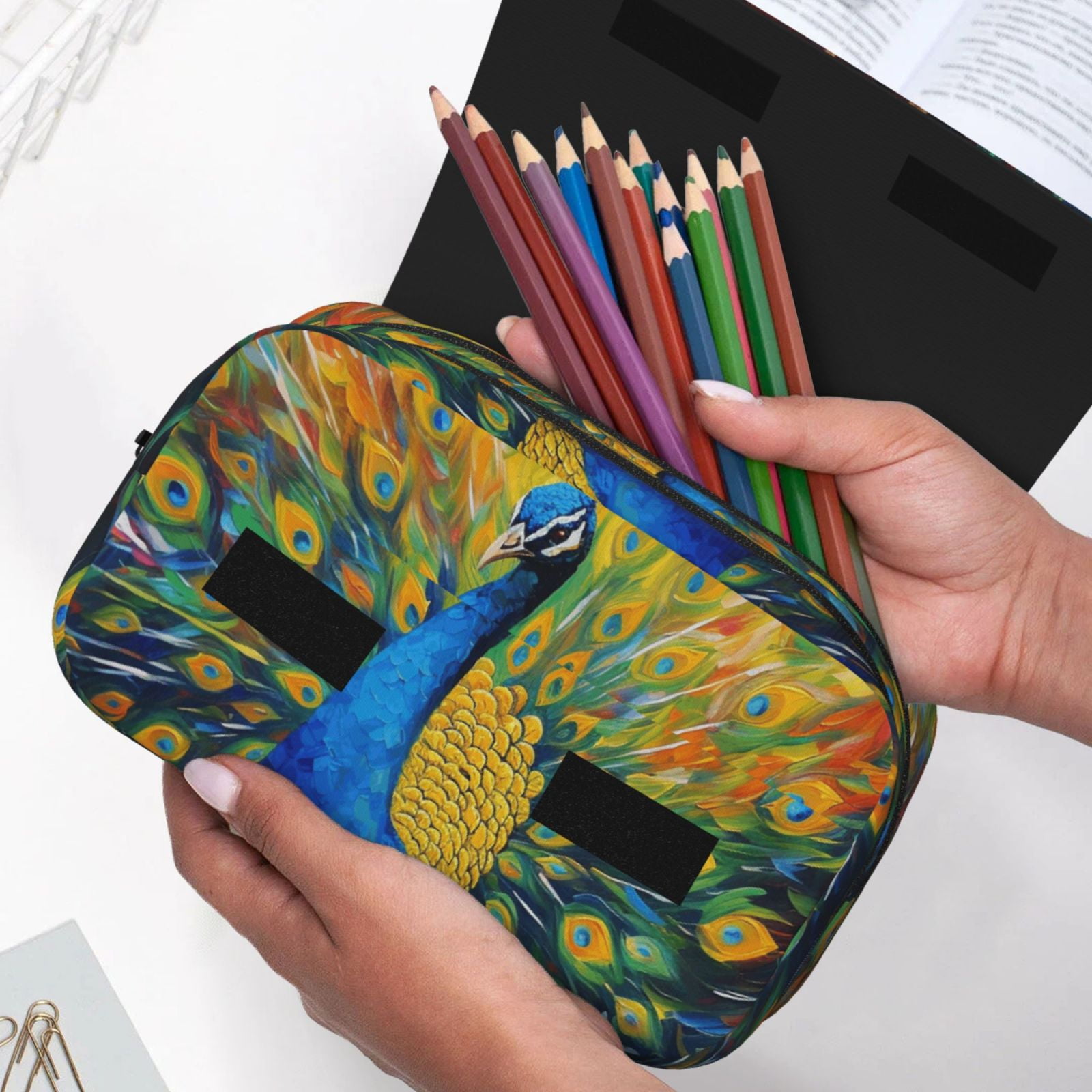 Rateoe Peacocks Pattern Double Clamshell Pen Case, Storage Organizer with Two Zipper Compartments– Holds Up to 50 Pencils & Pens