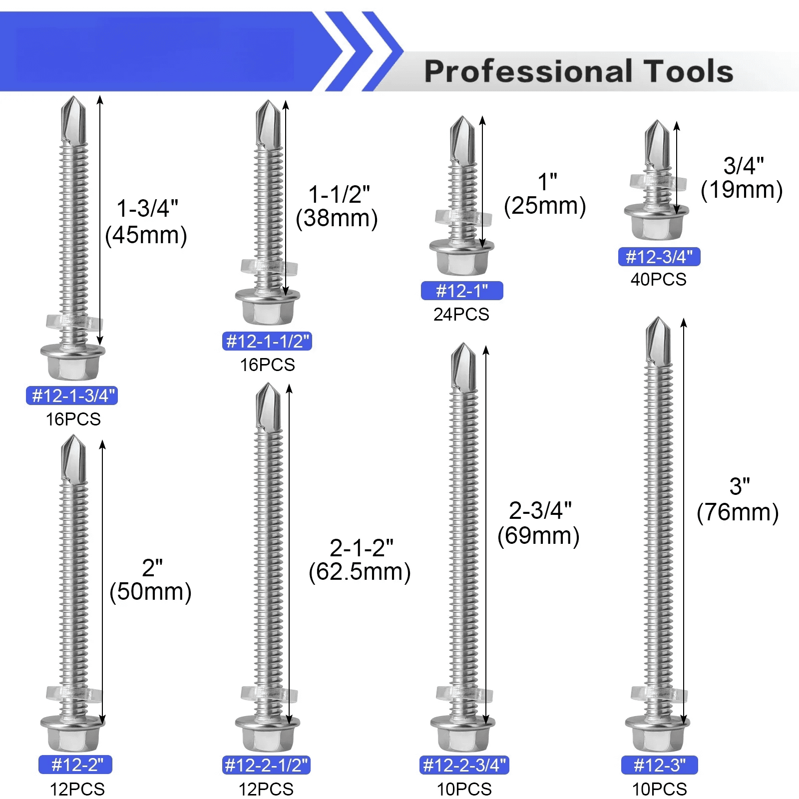 140pcs Hex Washer Head Self Drilling Tek Screw Assortment Kit, #12 Self Tapping Screw For Metal, 410 Rust Proof Wood Plastic Sheet Metal Screw