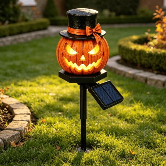 Halloween Solar Pumpkin Stake Lights, Resin Jack O Lantern Decorations, Warm Glow Outdoor Lamp for Garden Lawn Yard Pathway Halloween Decor (Top hat)
