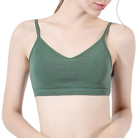 BYHONG V Neck Sports Bras for Women Thin Straps Padded Yoga Bra Basic Wireless Bra Camisole Dark Green M