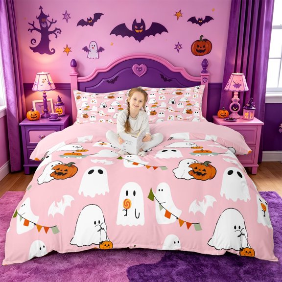 Homewish Cute Cartoon Halloween Ghost Bedding,Pumpkin Bat Banner Print Duvet Cover Full,Blush Pink,Pink Reversible,3-Piece,1 Duvet Cover and 2 Pillowcases