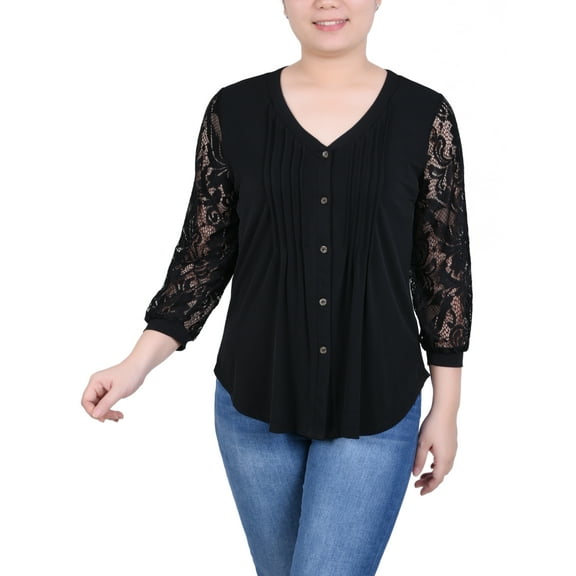 Petite Lace-Sleeve V Neck Top