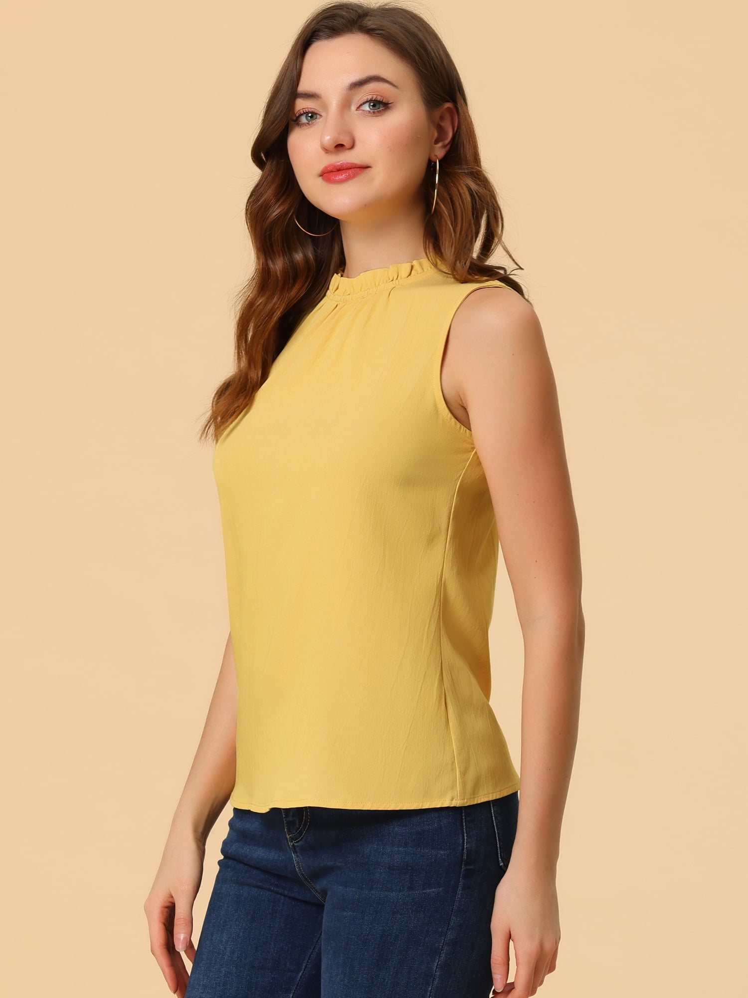 DARING DIVA Mock Neck Ruffle Sleeveless Casual Blouse Top S Yellow