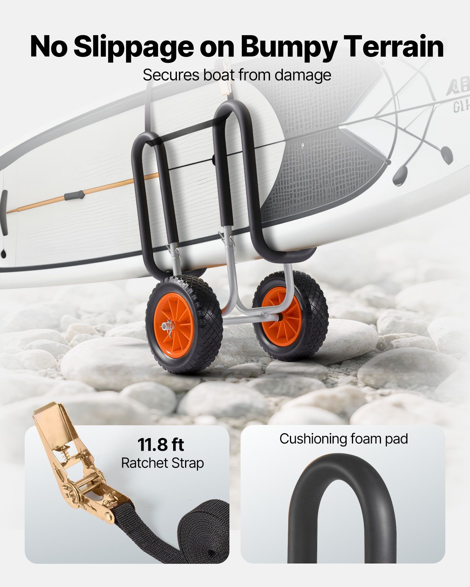 Kayak Cart 150 lb Capacity, 10" Solid Tires , Ratchet Strap for SUP & Surfboard Transport