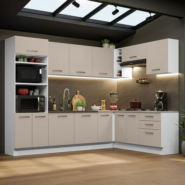 Cocina Integral Esquinera 479cm Blanco/Crema Ágata Madesa