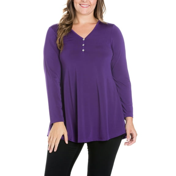 Women's Plus Size Flared Long Sleeves Henley Tunic Top Purple 3XL