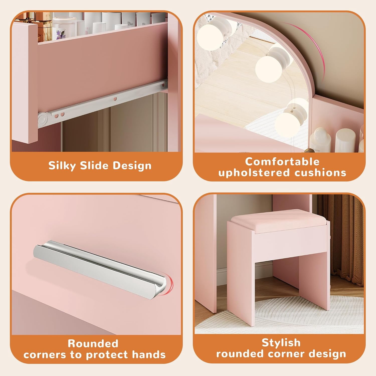 Makeup Vanity Set with Chair, Vanity Desk with Mirror and Lights, Power Outlet for Small Space, Pink