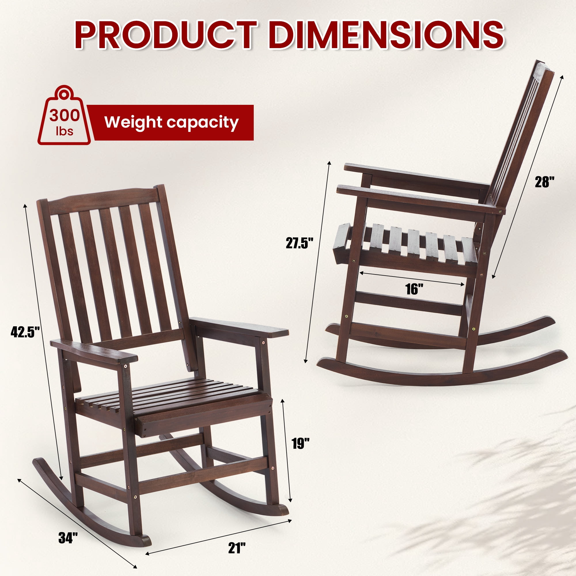 Easy4Home Acacia Wood Patio Rocking Chair Outdoor All Weather Resistant Porch Rocker, Dark Brown