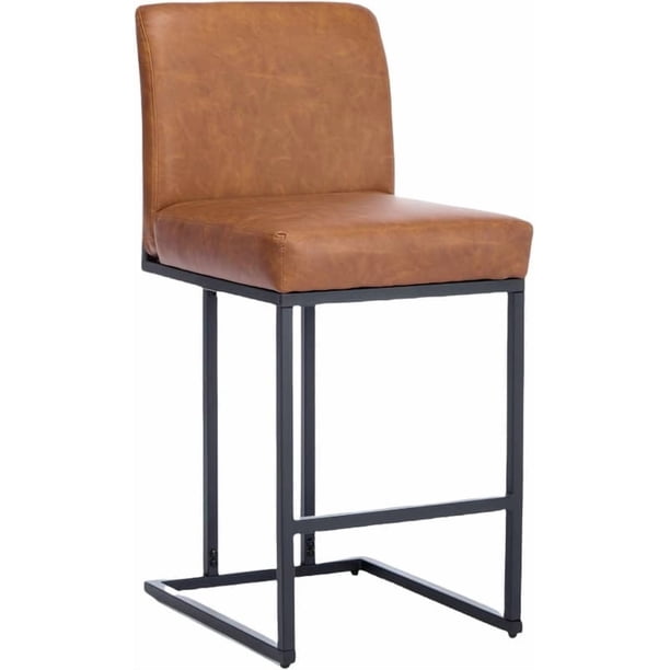 Qinaqin 24-Inch Bar Stools con Back Moderno PU Cuero Upholstered Chairs para Kitchen Island Negro Metálico Frame y Footrest Single Pack Marrón