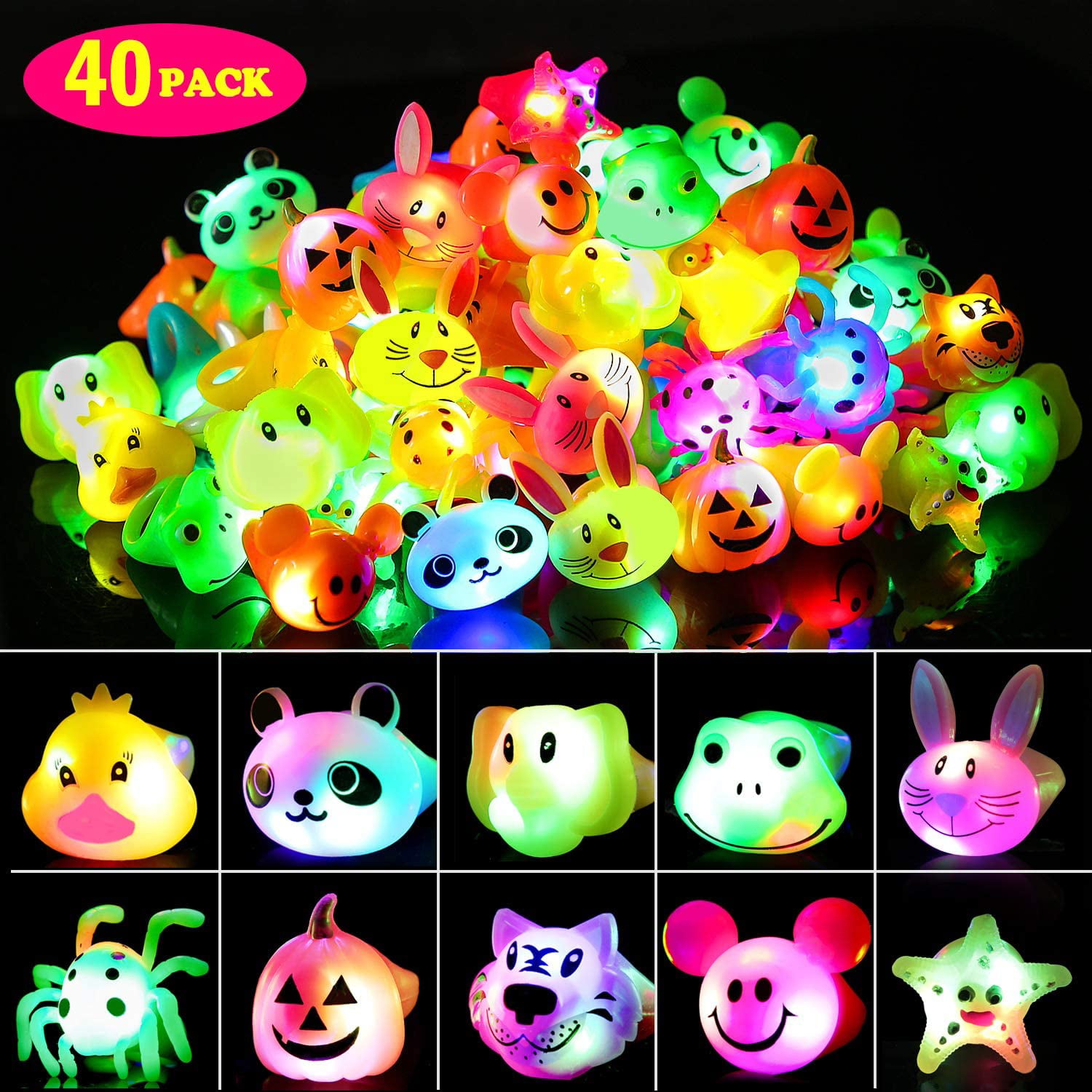 Packs of 2 Funny Face Flashing LED Jelly Rings Light Up Finger Glow Party Bag 