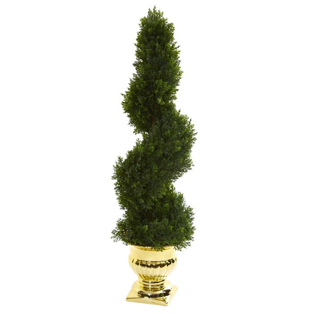Nearly Natural 27 in. Cedar Spiral Artificial Topiary Tree in Gold Urn