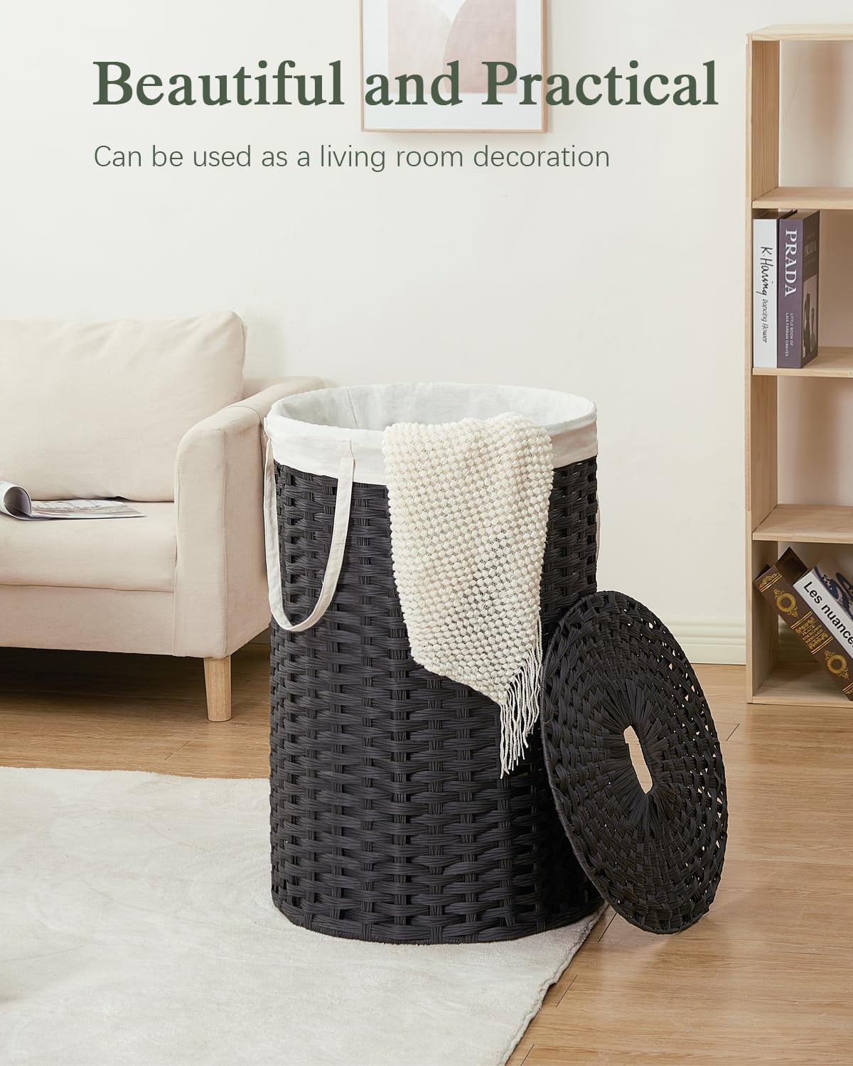 Large Laundry Hamper Laundry Basket Round 34.3 Gal (130 L) Handwoven Wicker Laundry Baskets Rattan Laundry Basket with Laundry Bag Handles 2 Mesh Bags for Living Room Bedroom Black