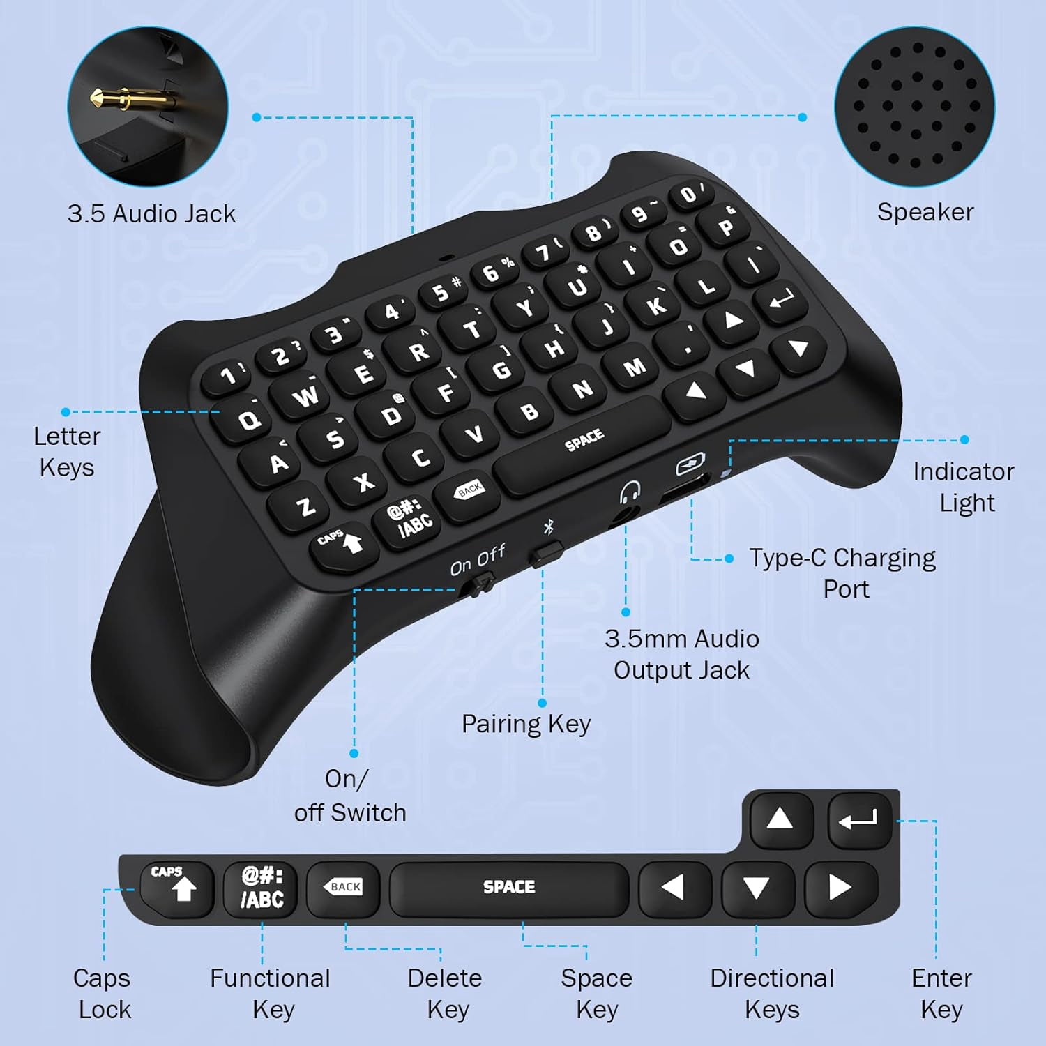 Bluetooth 3.0 Wireless Keyboard With Green Backlight for PS5 Controller,Mini Portable Gamepad Chatpad with Built-in Speaker&3.5MM Audio Jack, Voice Chat Board for Messaging&Gaming Live Chat,Black