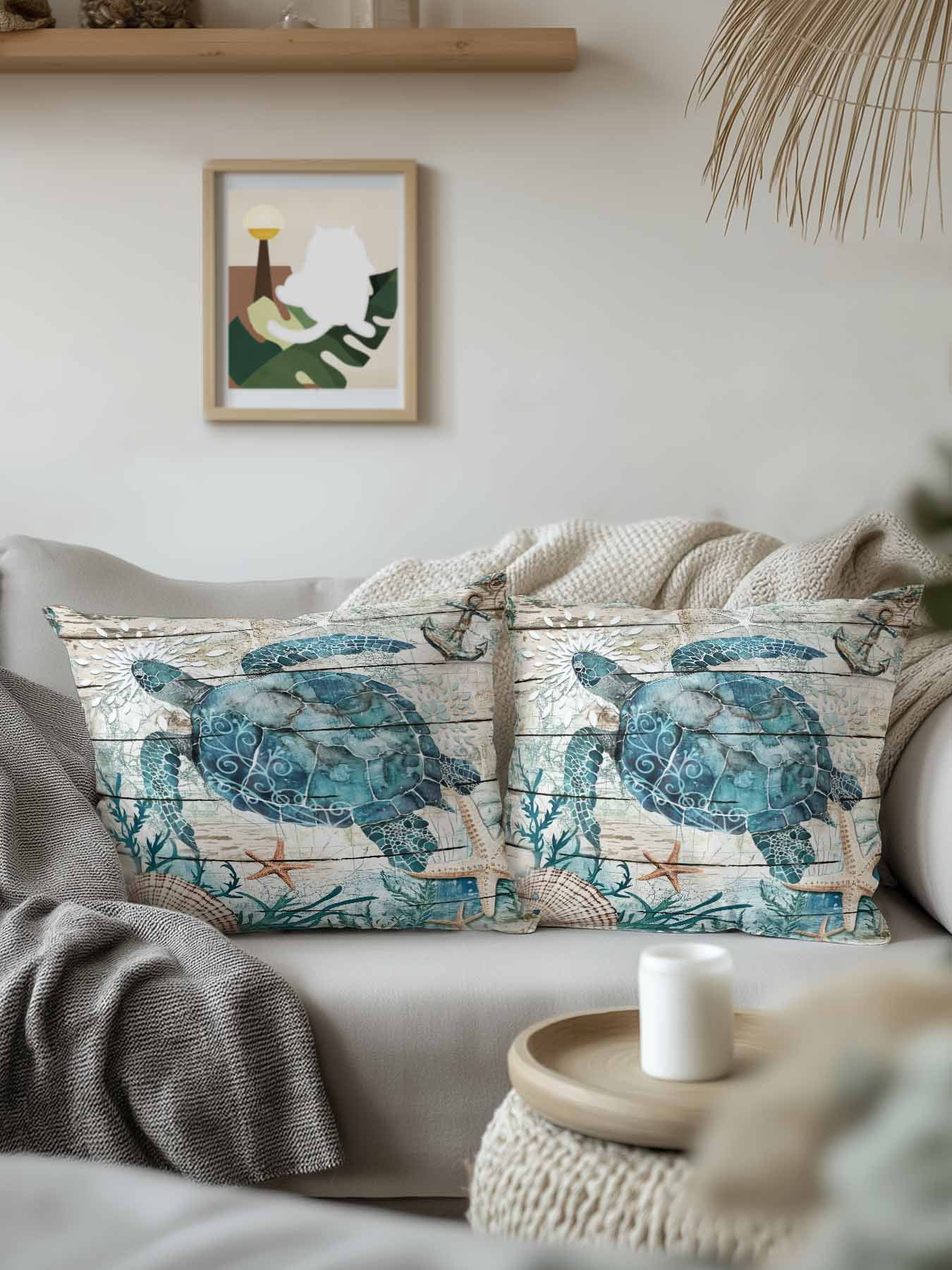 Outdoor Pillows Waterproof, Teal Sea Turtle Coastal Bedding Throw Pillows with Insert for Couch Sofa Bed, Summer Beach Nautical Starfish Retro 18x18 Inch Pillowcases Decorative Patio Pillow Set of 1