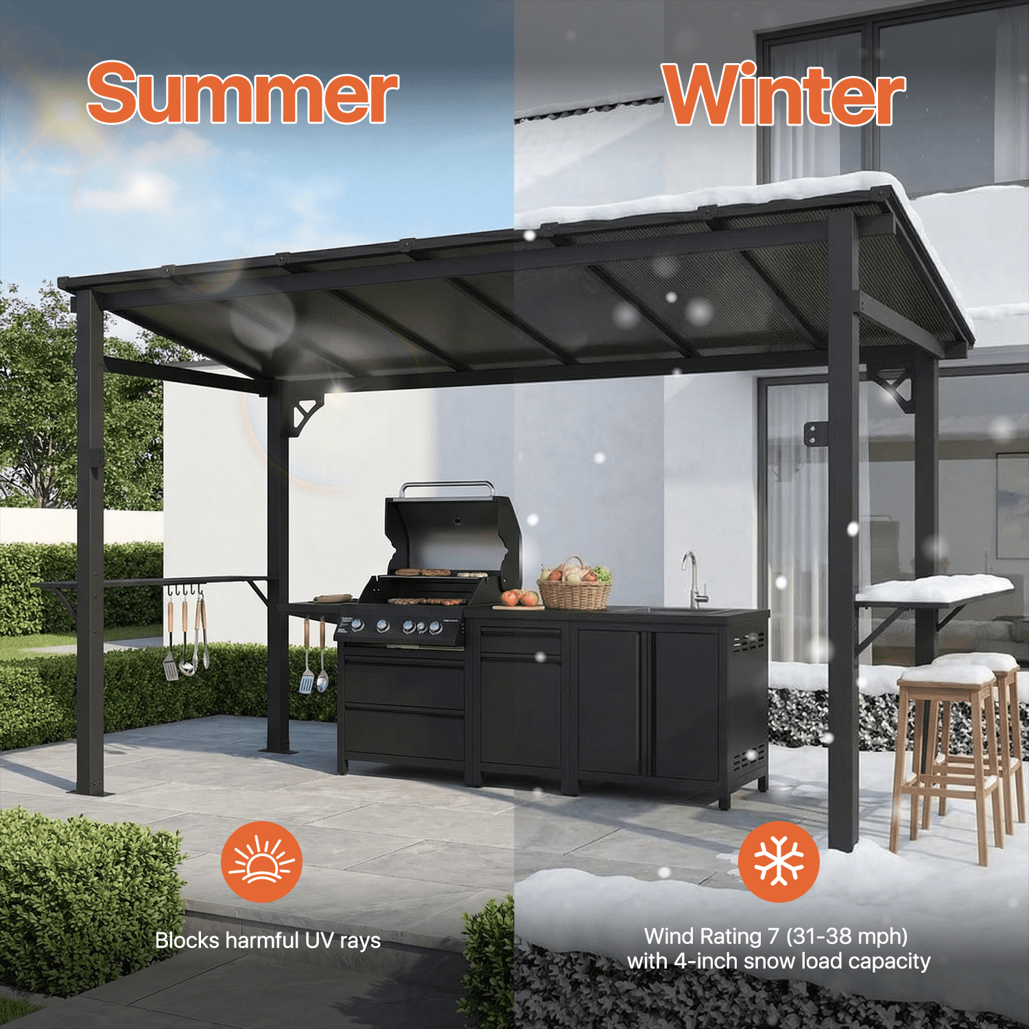 Clouddwell 12'x5.5' Permanent Metal Gazebo,Outdoor BBQ Canopy with Polycarbonate Panel & Sloping Steel Roof, Grill Shelter with 2 Side Shelves and Hooks for Patio, Backyard, Deck