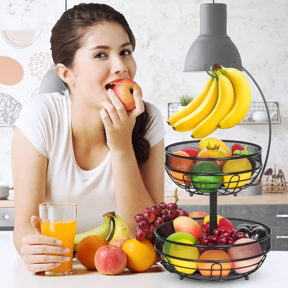 Fruit Basket, Fruit Bowl 2 Tier Fruit Rack for Kitchen, Fruit Bowl for Kitchen Counter, Detachable Fruit Holder with Banana Hanger - Black