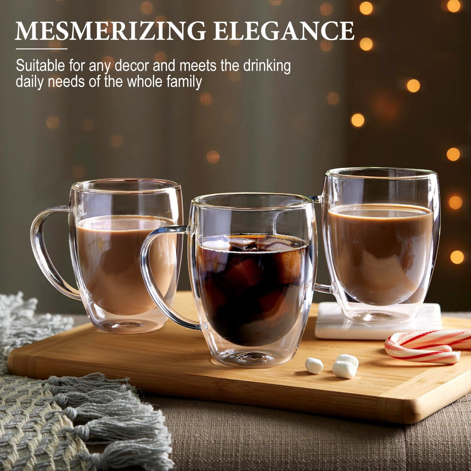 Double Walled Glass Coffee Mugs Set of 5, 12.5OZ Hand Blown Insulated Clear Glass Coffee Cups with Handle,Perfect for Latte,Cappuccino, Espresso, American,Tea Bag, Beverage