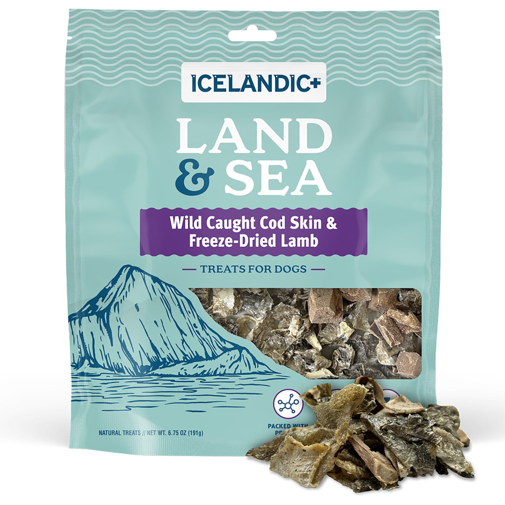 Icelandic+ Land & Sea Wild Caught Cod Skin & Freeze-Dried Lamb - 6.75oz Bag, Dog Treat & Food Topper, 2 Ingredients, No Preservatives, All Natural