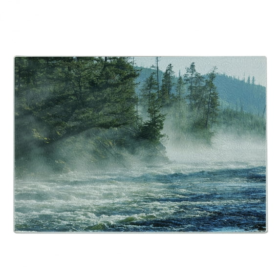 Yellowstone Cutting Board, Fog on Yellowstone River Alpine Trees by the Bank Wilderness Waterscape Picture, Decorative Tempered Glass Cutting and Serving Board, Small Size, Green Blue, by Ambesonne