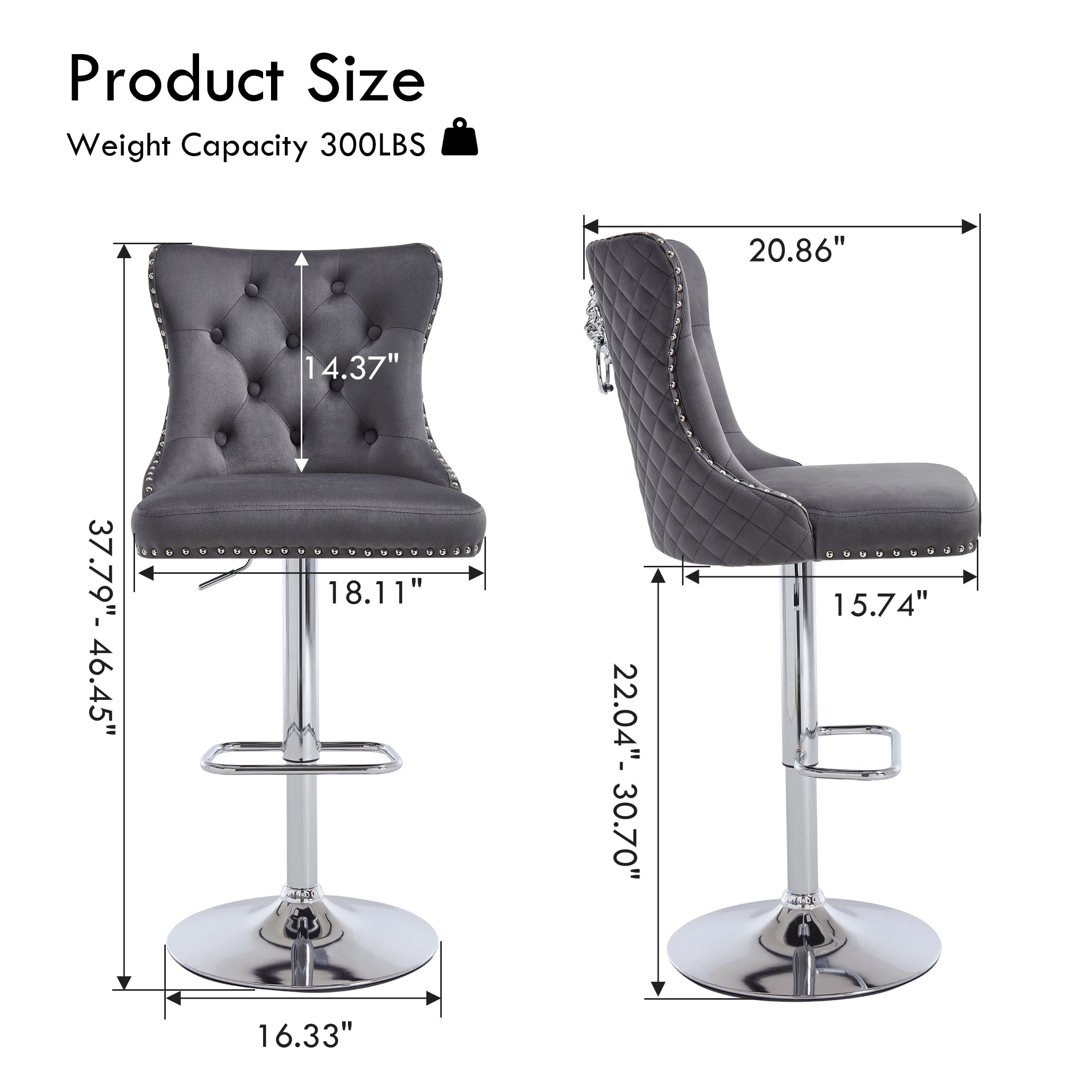 Velvet Bar Stools Set of 4 Modern Counter Height Bar Stools with Lion Pull Ring Tufted High Back, Nailhead Upholstered Barstools for Home Kitchen, Swivel Adjustable Stool Chair in Dark Grey