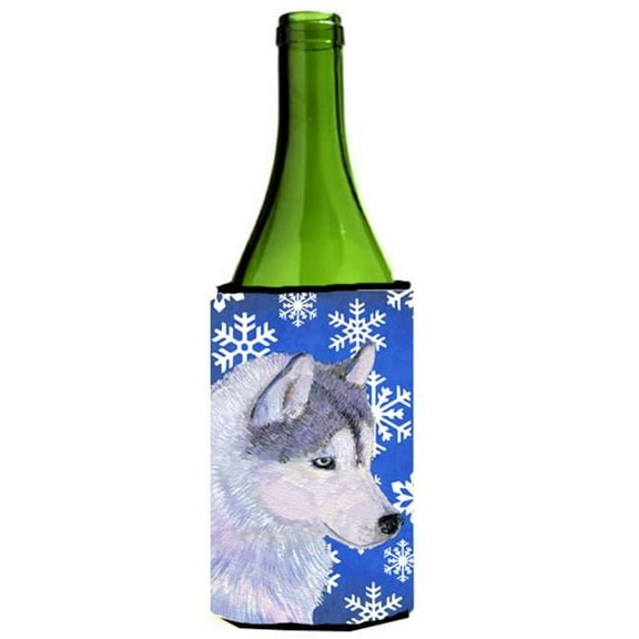 Siberian Husky Winter Snowflakes Holiday Wine bottle sleeve Hugger